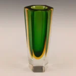 Murano Faceted Green & Amber Sommerso Glass Hexagonal Block Vase