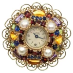 1950s LUCIEN PICCARD 14K Yellow Gold Multi Gemstone Watch Brooch