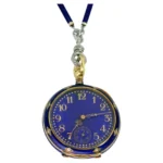 E.M. GATTLE Plat. Enamel Diamond Chain 18kYG Blue Enamel Pocket Watch Pendant
